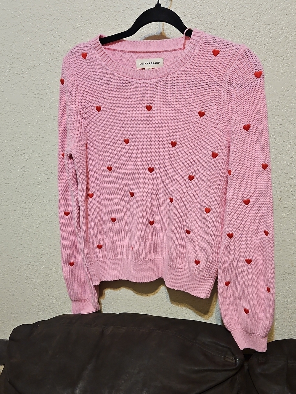 Lucky Brand Pink Sweater with Red Heart Embroidery